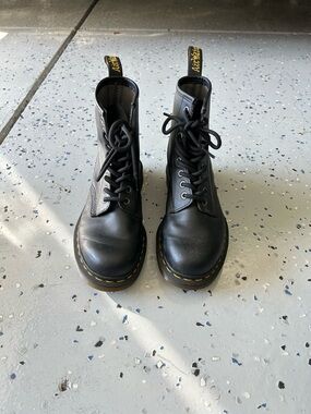 Dr. Martens Black Leather Lace-Up Ankle Boots with Yellow Stitching